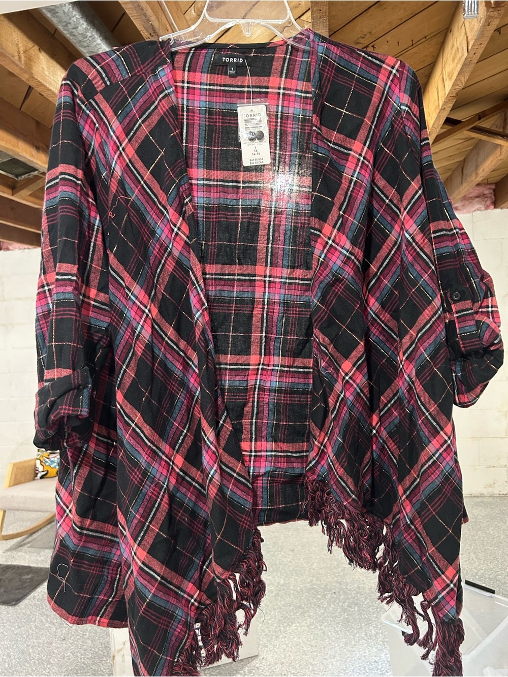 torrid Black & Pink Plaid Fringe Open-Front Cape
